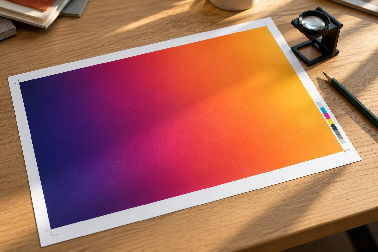 Proba de print a degradeului pe o masă de lucru, cu bara de culori și o lupă