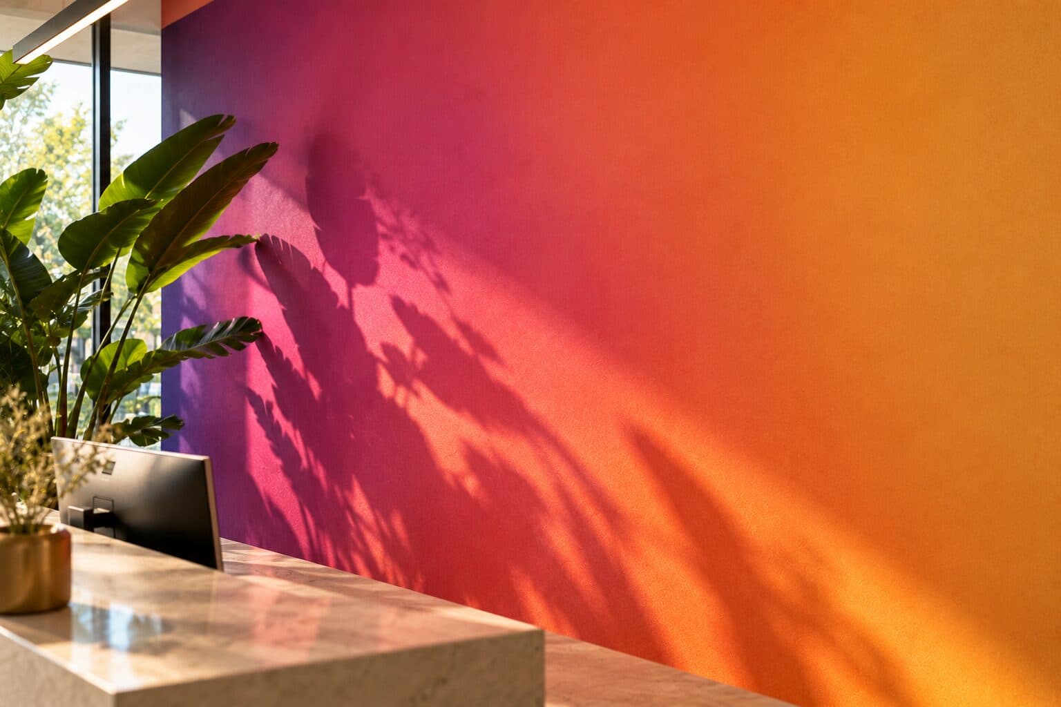 Detaliu: trecerea de la magenta la portocaliu, cu umbra unei plante