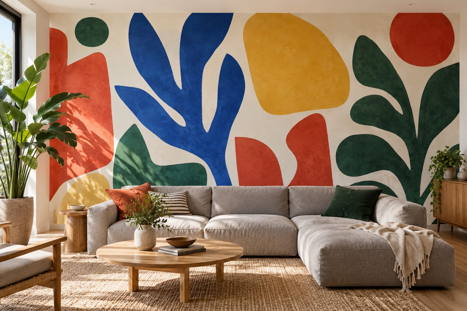 Living luminos cu un mural de forme mari decupate în cobalt, vermilion, ocru și verde închis pe tot peretele din spatele canapelei
