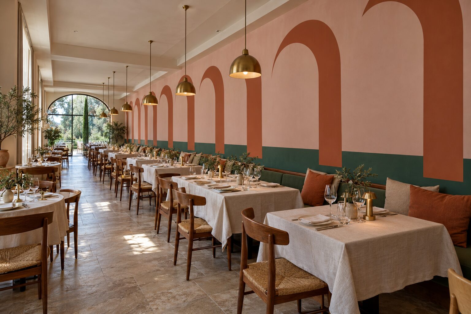 Sală lungă de restaurant cu arcade înalte în teracotă pe fond roz prăfuit și soclu verde închis, pe tot peretele lateral